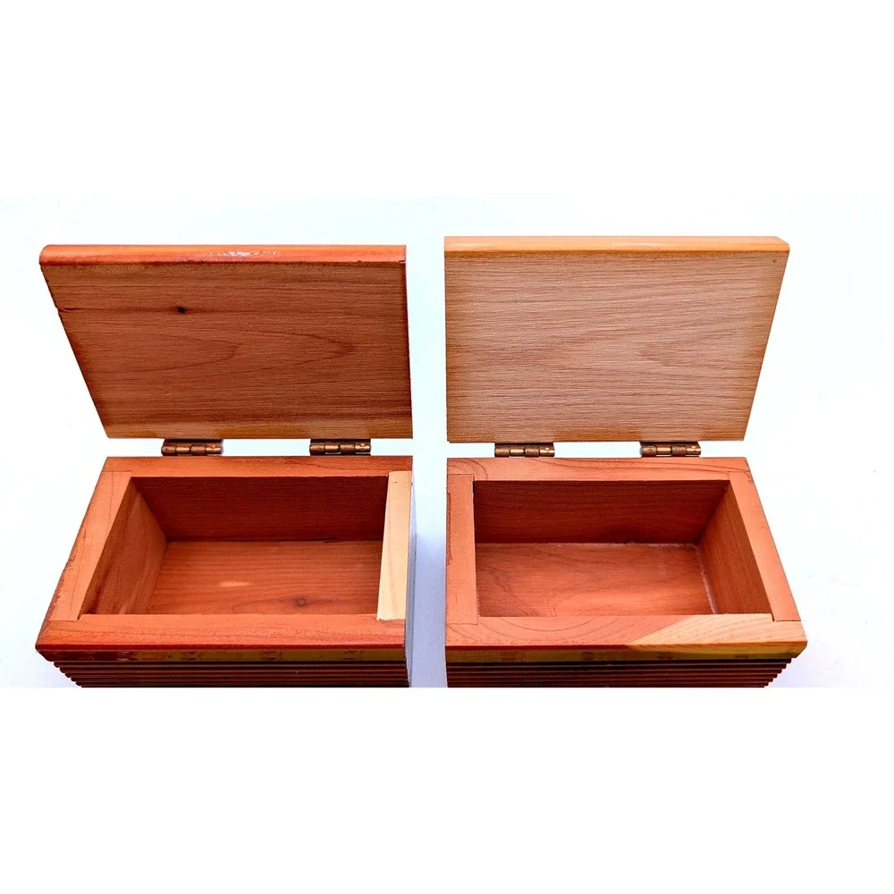 Vintage Cedar Wood Trinket Boxes Pair Ribbed Aromatic Keepsake Jewelry Chests